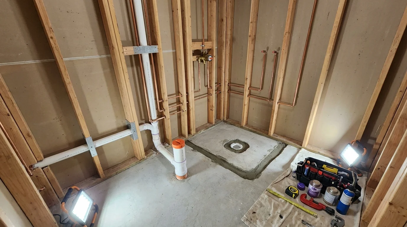 Bathroom rough-in plumbing during remodel by Johns Plumbing LLC in Foresthill