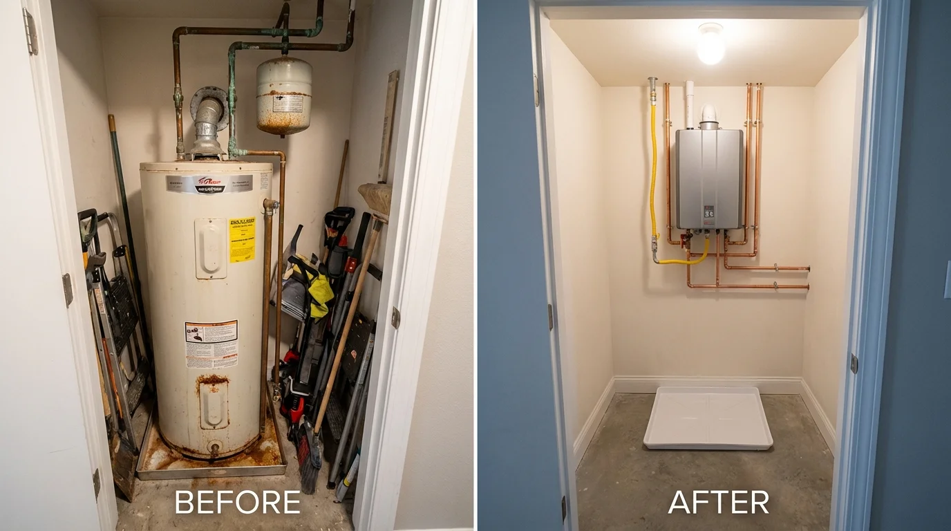 Tank water heater versus wall-mounted tankless unit comparison for Foresthill, CA homeowners