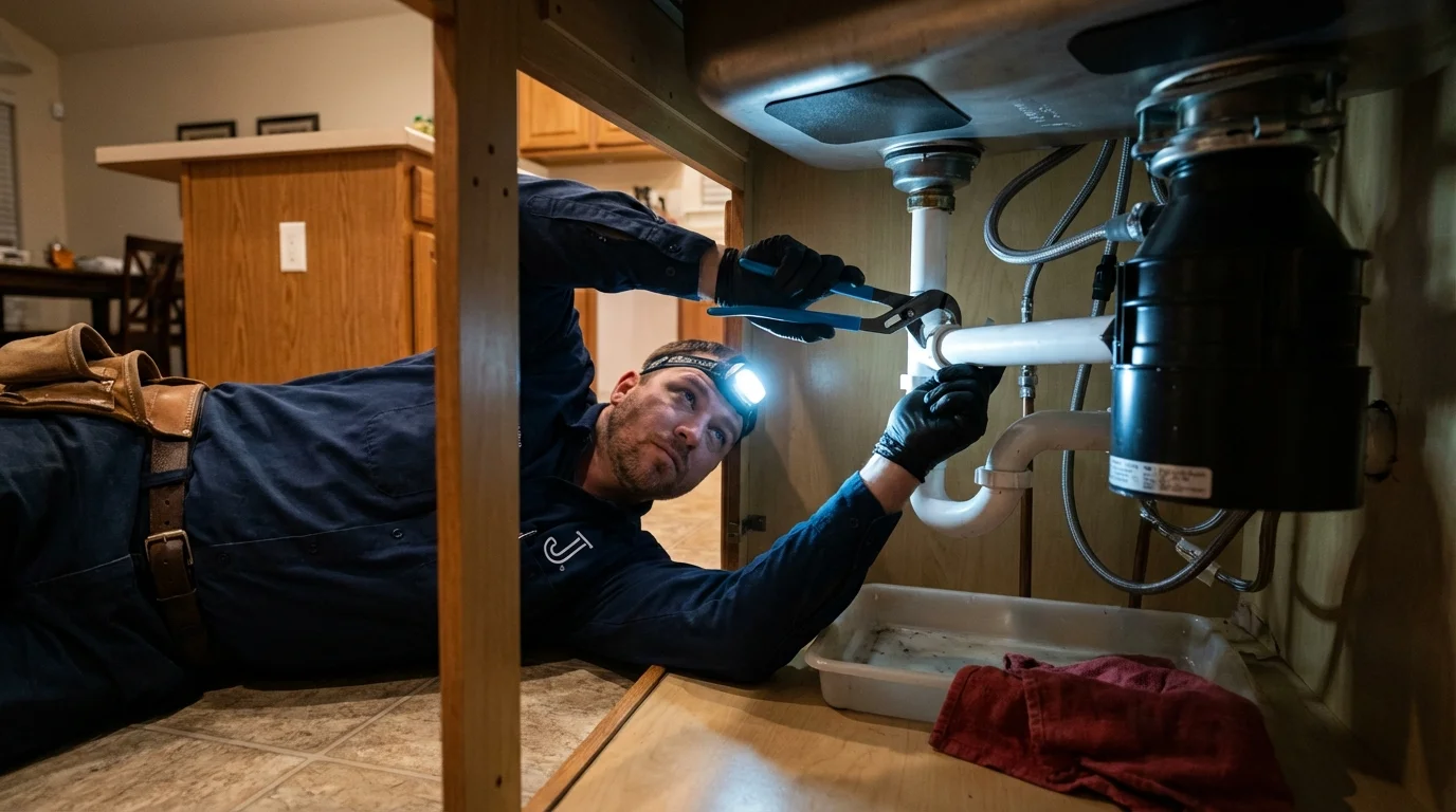 P-trap and supply line connections under a kitchen sink showing a common leak point in Foresthill, CA
